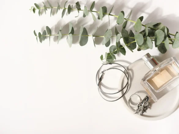 Perfume y fondo de hojas de eucalipto